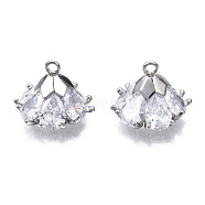 Brass Inlaid Clear Cubic Zirconia Charms, Flower, Platinum, 12x15x15mm, Hole: 1.5mm(ZIRC-S069-001P)