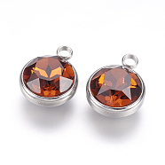 K9 Glass Rhinestone Pendants, November Birthstone Charms, with 304 Stainless Steel Findings, Flat Round, Chocolate, 18x14x9mm, Hole: 2.5mm(STAS-F123-26I)