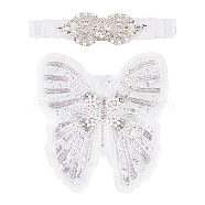 Butterfly Sequin/Paillette Embroidery Lace Applqiues, Imitation Pearl Beading Costume Ornament Accessories, with Crystal Rhinestone Flower Bowknot Wedding Bridal Belt, White, Butterfly: 229x212x6mm, 1pc, Belt: 3020x19x0.2mm, 1pc(DIY-FG0004-31)