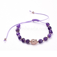 Adjustable Nylon Thread Braided Bead Bracelets, with Natural Amethyst Beads and Brass Beads, Buddha Head, Inner Diameter: 1-3/4 inch~3-3/4 inch(4.5~9.5cm)(BJEW-JB05291-04)