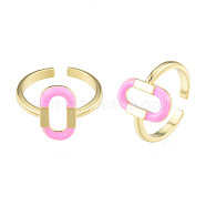 Pink Enamel Oval Open Cuff Ring, Brass Jewelry for Women, Cadmium Free & Nickel Free & Lead Free, Golden, US Size 7 1/4(17.5mm)(RJEW-N039-104)