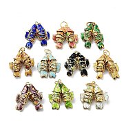 Brass Cloisonne Pendants, Gold Fish Charms with Jump Rings, Golden, Mixed Color, 27~28.5x23~25x7.5~9mm, Hole: 6mm(KK-P251-A01-G)