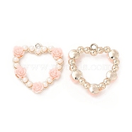 Alloy Pendants, Heart Charms, with ABS Imitation Pearl Beads and Resin, Rose Gold, Pink, 29x27.5x5mm, Hole: 2.3mm(PALLOY-E014-02LG-02)