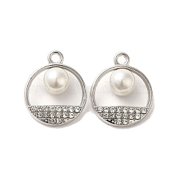 Alloy with Rhinestone Pendants, with ABS Imitation Pearl, Flat Round, Platinum, 22x18x9mm, Hole: 2.2mm(FIND-B032-16P)