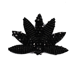 Leaf Felt Sew on Appliques, Glass Beaded Patches, with Imitation Pearl, for DIY Dress, Shoes, Garment, Decoration, Black, 57x80x12.5mm(DIY-WH0321-47B-02)