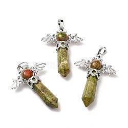 Natural Unakite Pendants, Angel Charms, with Rack Plating Platinum Tone Brass Findings, Cadmium Free & Lead Free, 52~53x37x11mm, Hole: 8x5mm(G-B033-01P-16)