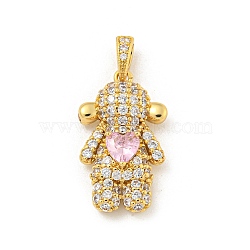 Rack Plating Brass Micro Pave Clear Cubic Zirconia Pendants, Long-Lasting Plated, Cadmium Free & Lead Free, Girl with Hear, Real 18K Gold Plated, 22.5x12.5x6.5mm, Hole: 5x2.5mm(KK-P277-37G)