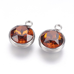 K9 Glass Rhinestone Pendants, November Birthstone Charms, with 304 Stainless Steel Findings, Flat Round, Chocolate, 18x14x9mm, Hole: 2.5mm(STAS-F123-26I)