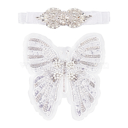 Butterfly Sequin/Paillette Embroidery Lace Applqiues, Imitation Pearl Beading Costume Ornament Accessories, with Crystal Rhinestone Flower Bowknot Wedding Bridal Belt, White, Butterfly: 229x212x6mm, 1pc, Belt: 3020x19x0.2mm, 1pc(DIY-FG0004-31)