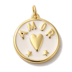 Brass Enamel Pendants, with Jump Ring, Real 18K Gold Plated, Cadmium Free & Lead Free, Flat Round with Heart & Word Amor Charm, White, 20.5x18x2.5mm, Hole: 3mm(X-KK-U027-17G-01)