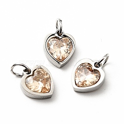 304 Stainless Steel Pendants, with Cubic Zirconia and Jump Rings, Single Stone Charms, Heart, Stainless Steel Color, PeachPuff, 9x8x3mm, Hole: 3.6mm(STAS-D189-06P-11)