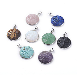 Natural & Synthetic Mixed Stone Pendants, with Platinum Tone Brass Pendant Settings, Flat Round with Tree, 28~29x24~25x6~7mm, Hole: 6x4mm(G-G807-B)
