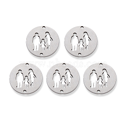 201 Stainless Steel Links, Flat Round Human, with Family of Three People Holding Hands Pattern, Stainless Steel Color, 15x1mm, Hole: 1.2mm(STAS-R107-10)