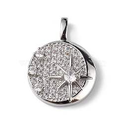 Rack Plating Brass Micro Pave Cubic Zirconia Pendants, Flat Round with Star Charm, Cadmium Free & Lead Free, Long-Lasting Plated, Platinum, 22x16x4mm, Hole: 4x2mm(KK-C019-17P)