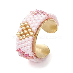 Glass Seed Beads Cuff Rings, 304 Stainless Steel Wide Band Open Rings for Women, Misty Rose, 10mm, Inner Diameter: Adjustable(RJEW-MZ00016-02)