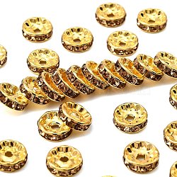 Brass Grade A Rhinestone Spacer Beads, Golden Plated, Rondelle, Nickel Free, Lt.Col.Topaz, 10x4mm, Hole: 2mm(RSB039NF-05G)