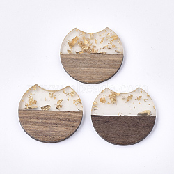Resin & Walnut Wood Pendants, with Gold Foil, Gap Flat Round, Gold, 33~34x37x3~4mm, Hole: 1.8~2mm(RESI-T023-11H)