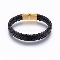 Leather Braided Cord Bracelets, 304 Stainless Steel Magnetic Clasp, Rectangle, Golden, Black, 8-5/8 inch(22cm), 12x6mm(BJEW-E345-13B-G)