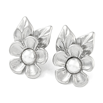 304 Stainless Steel Flower Stud Earrings, with ABS Plastic Pearl Beads, Stainless Steel Color, 29x21.5mm