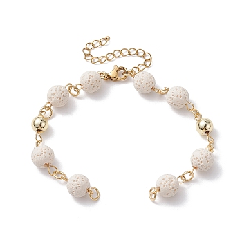 Dyed Natural Lava Rock Round Beaded Chain Bracelet Making, with Golden 304 Stainless Steel Findings, Fit for Connector Charms, White, 6-3/4 inch(17cm)
