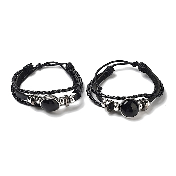 Natural Natural Obsidian Multi-strand Bracelets, Adjustable PU Leather Braided Cord Bracelets for Unisex, Inner Diameter: 2-3/8~2-7/8 inch(5.9~7.3cm)