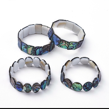 Natural Abalone Shell/Paua Shell Stretch Bracelets, Beaded Bracelets, Mixed Shapes, 2 inch~2-1/4 inch(5.2~5.6cm)