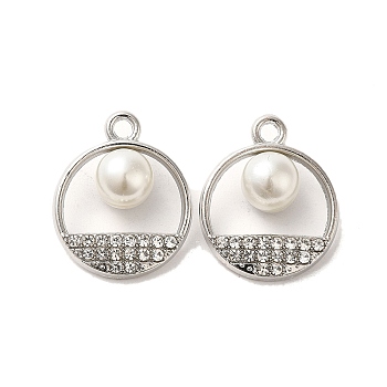 Alloy with Rhinestone Pendants, with ABS Imitation Pearl, Flat Round, Platinum, 22x18x9mm, Hole: 2.2mm
