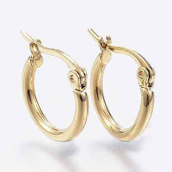 304 Stainless Steel Hoop Earrings, Hypoallergenic Earrings, Ring Shape, Real 18K Gold Plated, 15x2mm, 12 Gauge, Pin: 1x0.7mm