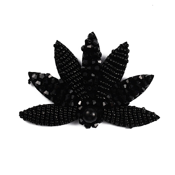 Leaf Felt Sew on Appliques, Glass Beaded Patches, with Imitation Pearl, for DIY Dress, Shoes, Garment, Decoration, Black, 57x80x12.5mm