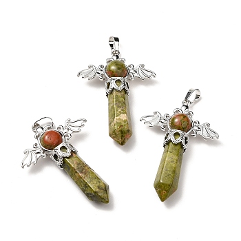 Natural Unakite Pendants, Angel Charms, with Rack Plating Platinum Tone Brass Findings, Cadmium Free & Lead Free, 52~53x37x11mm, Hole: 8x5mm