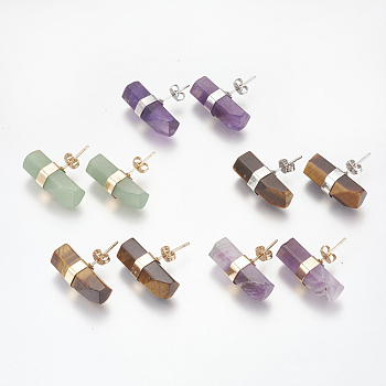Natural & Synthetic Mixed Stone Stud Earrings, with Brass Findings, Pillar, 7~8x21~22mm, Pin: 0.8mm