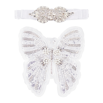 Butterfly Sequin/Paillette Embroidery Lace Applqiues, Imitation Pearl Beading Costume Ornament Accessories, with Crystal Rhinestone Flower Bowknot Wedding Bridal Belt, White, Butterfly: 229x212x6mm, 1pc, Belt: 3020x19x0.2mm, 1pc