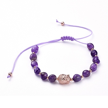 Adjustable Nylon Thread Braided Bead Bracelets, with Natural Amethyst Beads and Brass Beads, Buddha Head, Inner Diameter: 1-3/4 inch~3-3/4 inch(4.5~9.5cm)