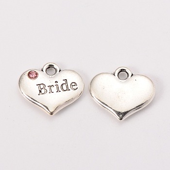 Wedding Theme Antique Silver Tone Tibetan Style Heart with Bride Rhinestone Charms, Light Rose, 14x16x3mm, Hole: 2mm