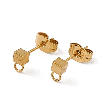 304 Stainless Steel Stud Earring Findings, with Ear Nuts and Horizontal Loops, Cube, Golden, 6x3mm, Hole: 1.8mm, Pin: 0.5mm