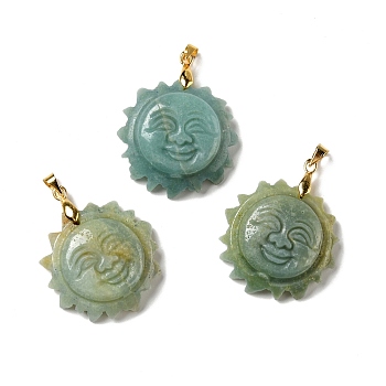 Natural Flower Amazonite Pendants, with Golden Tone Brass Findings, Lead Free & Cadmium Free, Sun with Smiling Face, 36x29~29.5x9.5mm, Hole: 4x5mm