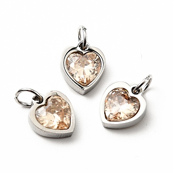 304 Stainless Steel Pendants, with Cubic Zirconia and Jump Rings, Single Stone Charms, Heart, Stainless Steel Color, PeachPuff, 9x8x3mm, Hole: 3.6mm