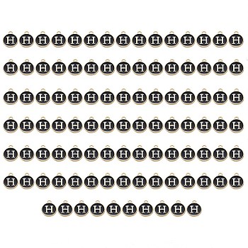 Golden Plated Enamel Alloy Charms, Enamelled Sequins, Flat Round, Black, Letter.H, 14x12x2mm, Hole: 1.5mm, 100pcs/Box