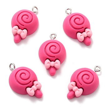 Resin Pendants, with Platinum Tone Iron Loop, Lollipop with Bowknot, Cerise, 26x15.5x7mm, Hole: 2mm