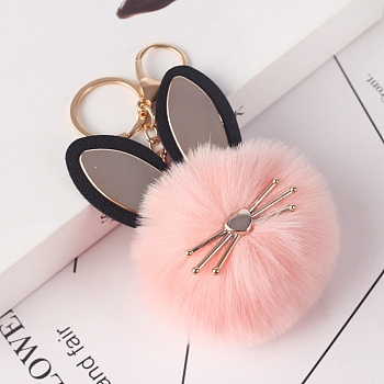 Faux Fur Cat Pendant Keychain, Cute Kitten Golden Tone Alloy Key Ring Ornament, Pink, 15x8cm