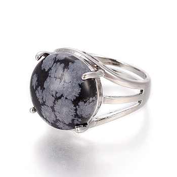 Adjustable Natural Snowflake Obsidian Finger Rings, with Platinum Brass Findings, Half Round, 17.5~18mm