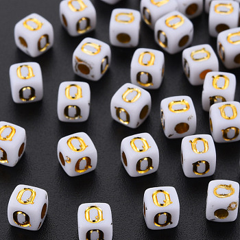 Opaque White Acrylic Beads, Metal Enlaced, Cube with Letters, Letter.Q, 4.5mm, Hole: 2mm, about 5000pcs/500g