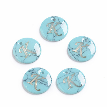 Synthetic Turquoise Charms, with Plastic Letter, Flat Round, Letter.K, 15x2mm, Hole: 1.5mm