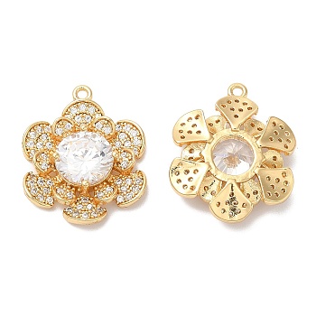 Brass Micro Pave Cubic Zirconia and Glass Charms, Flower, Real 18K Gold Plated, 20x17x5mm, Hole: 1mm