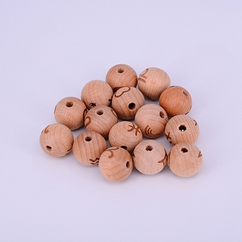 Natural Undyed Beech Beads, Twelve Constellations Pattern, Printed, Round, BurlyWood, 20x18mm, Hole: 4.5mm