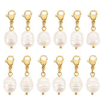 12Pcs Natural Cultured Freshwater Pearl Pendant Decorations, with 304 Stainless Steel Lobster Claw Clasps, Golden, 31mm
