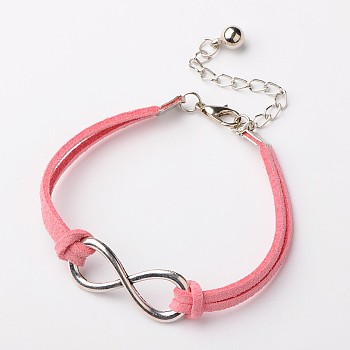 Tibetan Style Alloy Infinity Link Bracelets, Faux Suede Cord with Alloy Lobster Claw Clasps and Iron Chains, Platinum and Antique Silver, Pink, 185x6mm