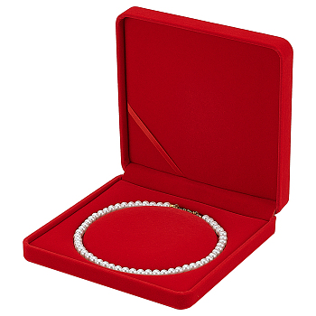 Velvet Pearl Necklace Storage Gift Boxes, Square, Cerise, 19x19x4.1cm