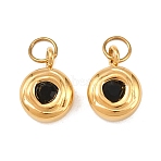 304 Stainless Steel Pendants, Flat Round, with Rhinestone, Ion Plating(IP), with Jump Ring, Real 18K Gold Plated, Jet, 10.5x7.5x4mm(STAS-H244-14G-02)