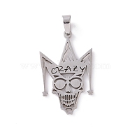 201 Stainless Steel Pendants, Clown Skull with Word Crazy, Stainless Steel Color, 38.5x23.5x1.5mm, Hole: 4x6mm(STAS-G273-04P)